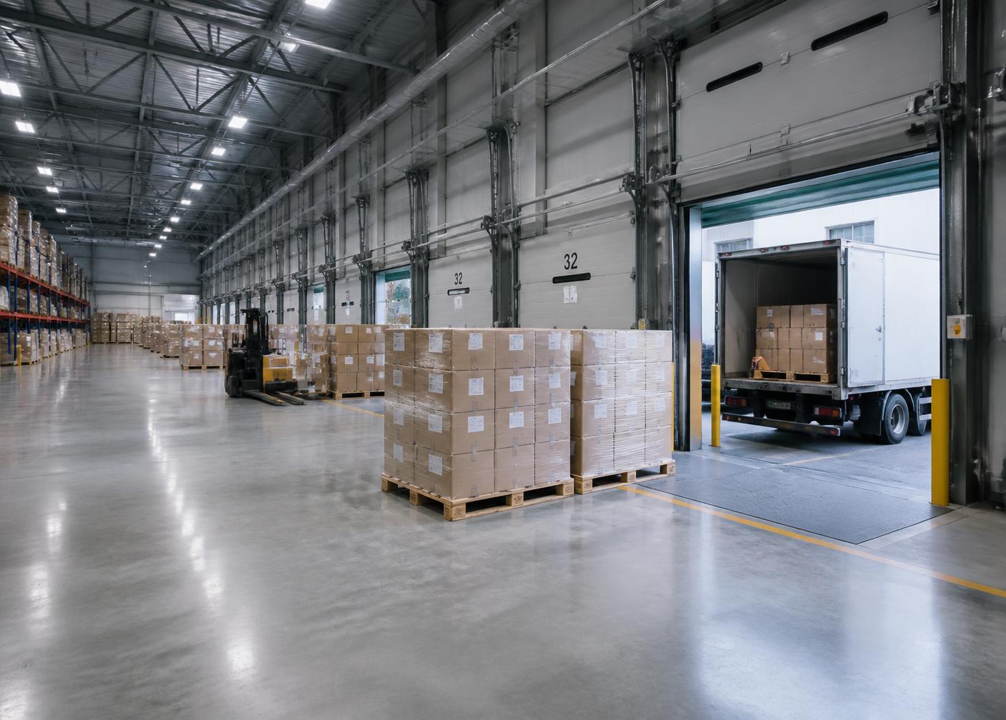 Logistics warehouse with trucks at loading docks